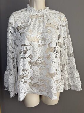 Cloud & Sky White Lace Ruffle Blouse XL Sheer Romantic Boho FP Style Bell Sleeve